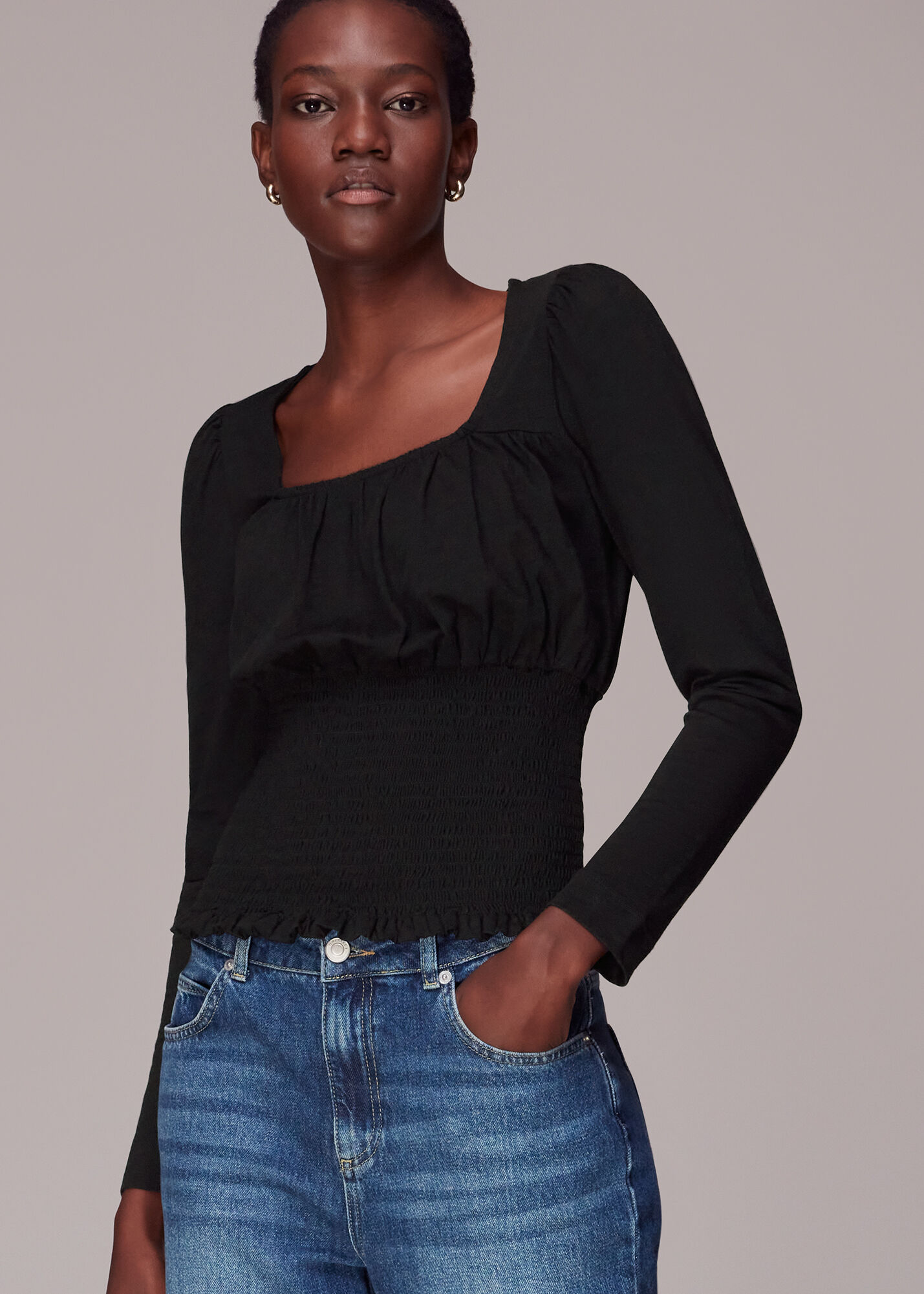 Black Square Neck Shirred Top | WHISTLES | Whistles US |